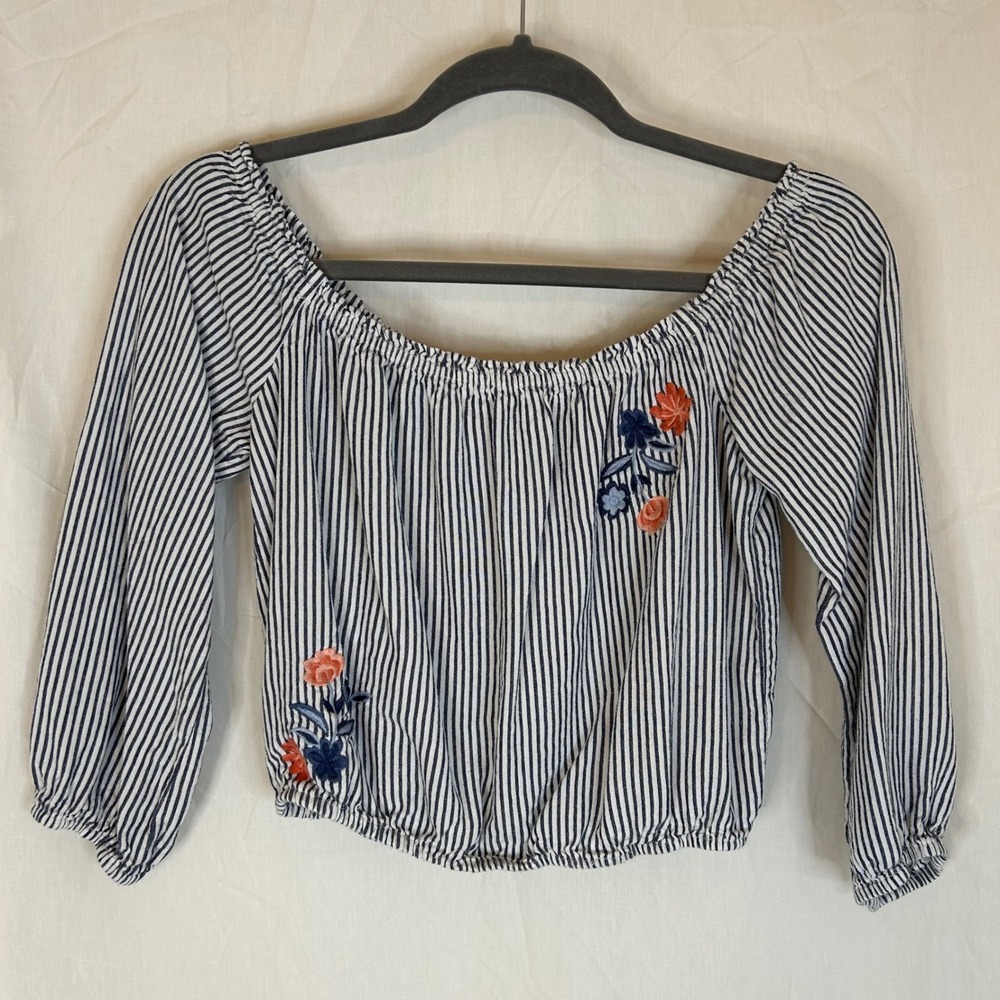 Chloe‎ & Katie Striped Floral Embroidered Off Shoulder Crop Top S Cottage Y2K